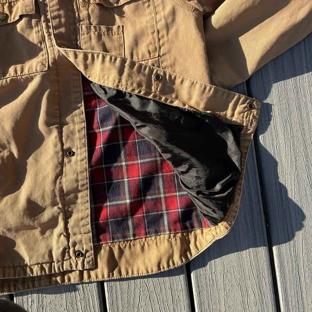 Vtg Walls Duck Canvas Hooded Work Jacket Tan Plaid Lined Chore Coat Men's Small